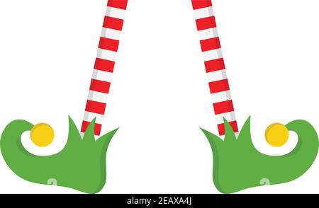 Icône d'illustration vectorielle Elf de Noël. Mignons pattes rayées rouges et blanches et chaussures d'orf vertes avec clochette. Isolé. Illustration de Vecteur