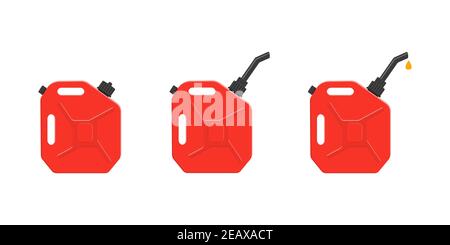 Bidons d'essence avec bouchon de fermeture, bec verseur et goutte d'essence. Jeu de bidons de gaz, conteneurs de carburant isolés sur fond blanc. Scénario de dessin animé illu Illustration de Vecteur