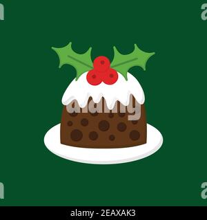 Icône d'illustration de Noël à motif vectoriel de pudding. Dessert saisonnier, festif, traditionnel de vacances sur l'assiette avec crème sur le dessus et décoration de GUI. Isola Illustration de Vecteur