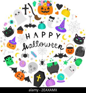 Illustration vectorielle Happy Halloween ronde. Halloween écriture à la main et dessin à la main effrayant, objets effrayants dans le cercle autour. Voiture de bienvenue isolée Illustration de Vecteur