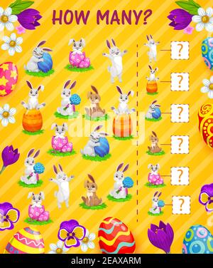 Jeu de comptage des enfants de combien d'oeufs de Pâques et de lapins modèle vectoriel. I SPY puzzle ou feuille de travail d'éducation des enfants avec des oeufs de dessin animé de vacances de Pâques, Illustration de Vecteur