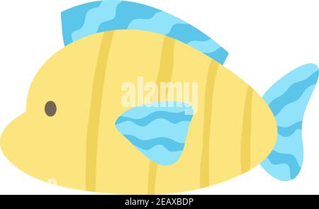Icône d'illustration de vecteur de poisson tropical jaune et bleu mignon. Marine, océan, animal de mer. Dessin Doodle, isolé. Illustration de Vecteur