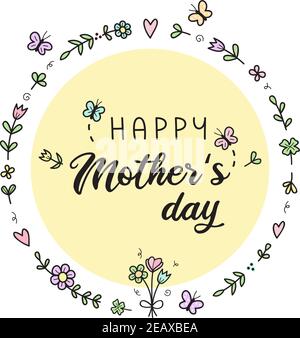 Illustration vectorielle Happy Mother Day. Couronne de fleurs colorées avec des papillons pour la fête des mères au mois de mai, faire un dessin avec écriture, je Illustration de Vecteur