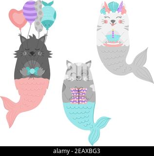 Ensemble d'illustrations vectorielles de la sirène de mer mignonne. Collection de chats sous-marins à motif d'anniversaire dessiné à la main. Isolé. Illustration de Vecteur