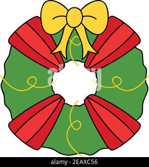 Icône d'illustration vectorielle pour couronne de Noël. Couronne de Noël festive de saison avec ruban rouge, noeud de ruban jaune or et cordes. Illustration de Vecteur