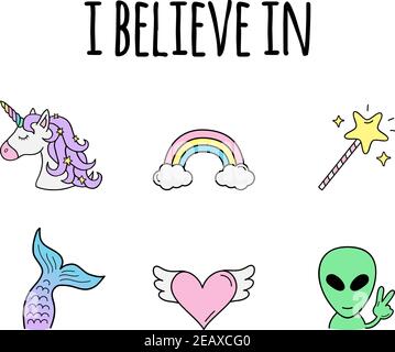 Je crois en la conception d'illustrations vectorielles. Icônes dessinées à la main du licorne, de l'arc-en-ciel, de la magie, de la sirène, de l'amour et de l'étranger. Adorables créatures positives et délabrantes Illustration de Vecteur
