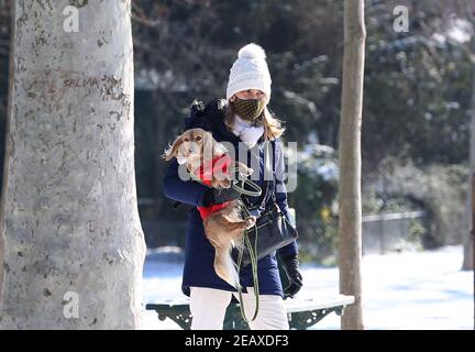 Paris, France. 10 février 2021. Une femme tient son chien au champ de Mars à Paris, France, le 10 février 2021. Douze régions de France ont été mises en alerte orange en raison de chutes de neige et de glace suite à un « épisode de neige pouvant être signalé » qui a frappé les départements du nord-est du pays, a déclaré mercredi l'agence météorologique Meteo France. Credit: Gao Jing/Xinhua/Alamy Live News Banque D'Images