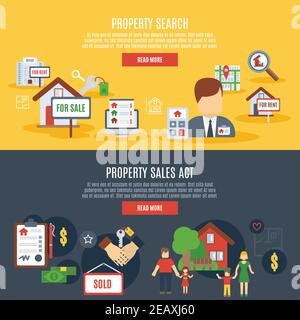 Ensemble de bannières horizontales immobilières avec recherche de biens et ventes illustration vectorielle isolée des éléments act Illustration de Vecteur