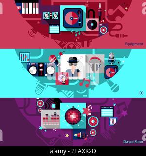 Ensemble de banderoles horizontales DJ avec éléments d'équipement de piste de danse isolés illustration vectorielle Illustration de Vecteur