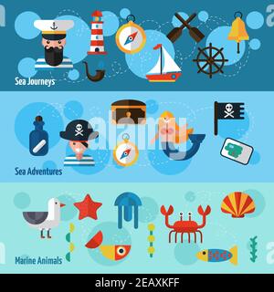 Banderoles horizontales marines avec aventures en mer et animaux marins illustration vectorielle isolée des éléments Illustration de Vecteur