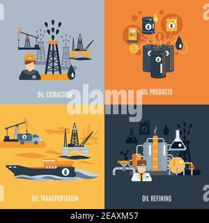 Kit de conception de l'industrie pétrolière avec produits d'extraction de transport et affinage des icônes plates illustration vectorielle isolée Illustration de Vecteur