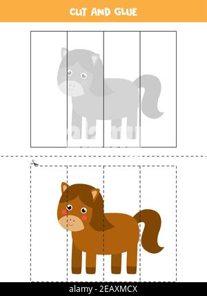 Jeu de coupe et de colle pour les enfants avec un cheval mignon. Pratique de coupe pour les présélectionneurs. Illustration de Vecteur