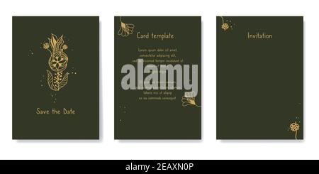 Conservez le modèle de carte de date à motif floral. Fleurs dorées sur fond vert foncé. Illustration de Vecteur