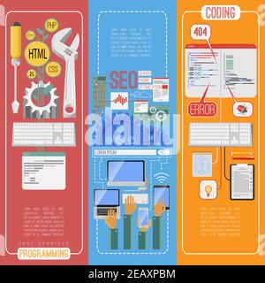 SEO optimisation moteur de recherche plate bannières verticales ensemble avec mobile mots-clés de page web éditant l'illustration vectorielle isolée abstraite Illustration de Vecteur