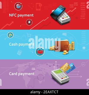 Banderoles horizontales de paiement avec éléments réalistes d'argent et de carte illustration vectorielle isolée Illustration de Vecteur