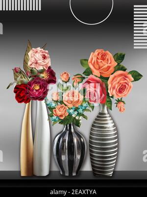 papier peint mural 3d blanc et noir illustre vases avec fleurs bouquet rose sur fond noir gris . Convient à l'utilisation de fleurs sur un cadre mural Banque D'Images