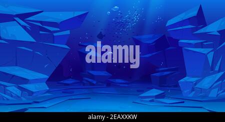 Fond sous-marin océan ou mer. Vider le fond avec des rochers, des silhouettes de poisson et des bulles d'air flottant à des faisceaux de lumière du soleil tombant d'en haut. Scène marine, vie sous-marine dessin vectoriel de dessin animé Illustration de Vecteur