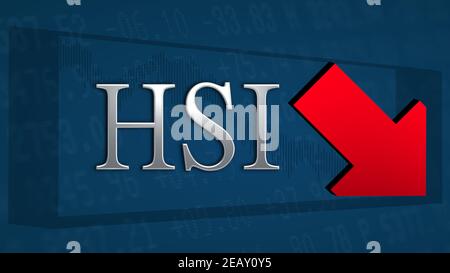 L'indice boursier de Hong Kong Hang Seng Index ou HSI se négocie plus bas. Une flèche rouge inclinée symbolise un scénario barbu. Le titre argent HSI... Banque D'Images