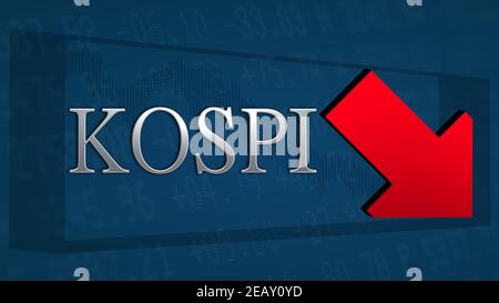 L'indice du prix des actions composite de la Corée ou KOSPI se négocie plus bas. Une flèche rouge inclinée symbolise un scénario barbu. Le titre argent KOSPI sur un bleu... Banque D'Images