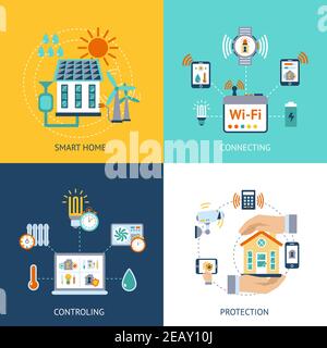 Systèmes de contrôle et de protection de la connexion sans fil à un ordinateur domestique intelligent 4 composition des icônes plates résumé illustration vectorielle isolée Illustration de Vecteur