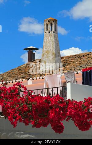 Cheminée typique de l'Algarve au-dessus d'un toit de tuiles avec bougainvilliers sur le mur et la buanderie accrochée sur une ligne. Banque D'Images