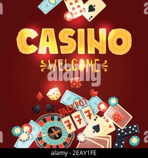 Poster de jeu de casino avec cartes de poker dés roulette jetons de domino illustration du vecteur machine à sous Illustration de Vecteur