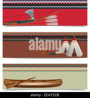 Les indiens américains concept culturel bannières horizontales avec hachet natif traditionnel illustration vectorielle abstraite de la conception d'armes sur bordure Illustration de Vecteur