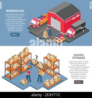 Logistique et livraison deux bannières horizontales avec entrepôt et marchandises illustration vectorielle plate de compositions isométriques de stockage Illustration de Vecteur