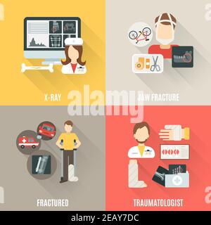 Ensemble de conception d'os de fracture avec radiographie et traumatologue plat icônes illustration vectorielle isolée Illustration de Vecteur