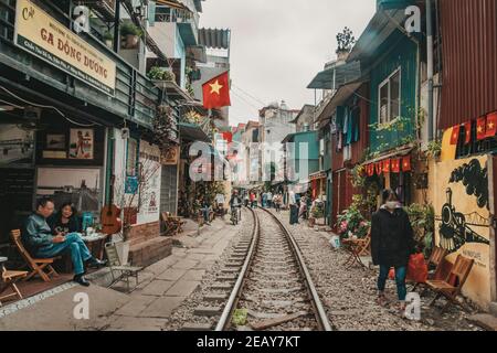 Point de repère de Hanoï: Vieux chemin de fer dans l'après-midi à Hanoi. Vietnam. 13 janvier 2019 Banque D'Images