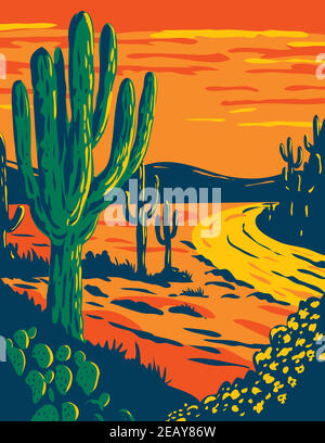 Affiche WPA du Saguaro, Carnegiea gigantea, un genre de cactus à la tombée de la nuit dans le parc national de Saguaro à Tucson, Arizona fait dans le projet de travaux Illustration de Vecteur