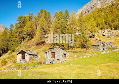 Anciens chalets ruraux à Valmalenco (IT), Alpe dell'Oro Banque D'Images