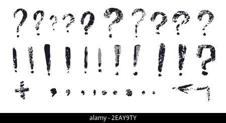 Ensemble de points d'exclamation dessinés à la main, de points d'interrogation, de symboles d'acceptation et de rejet. Signes de ponctuation dans le style de texture grunge. Boutons, option de choix Illustration de Vecteur