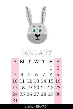 Calendrier 2021. Calendrier mensuel du 2021 janvier, du dimanche au samedi. Planificateur annuel. Modèles avec jolis animaux dessinés à la main. Vecteur Illustration de Vecteur