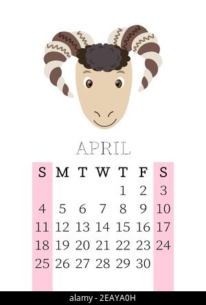 Calendrier 2021. Calendrier mensuel du 2021 avril, du dimanche au samedi. Planificateur annuel. Modèles avec jolis animaux dessinés à la main. Vecteur Illustration de Vecteur