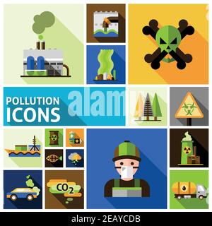 Pollution et environnement dommages toxiques plat icônes décoratives ensemble isolé illustration vectorielle Illustration de Vecteur