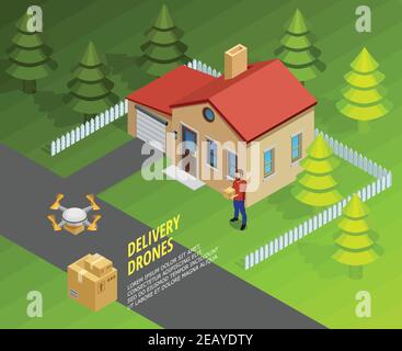 Modèle isométrique de livraison de drones avec méthode de poste futuriste logistique et illustration du vecteur de transport de fret Illustration de Vecteur