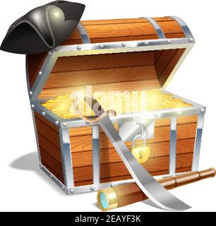 Coffre en bois de pirate avec verre espion d'or en forme de cutlass et illustration vectorielle abstraite chapeau triangle noir Illustration de Vecteur