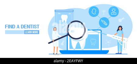 Concept de vecteur de services dentaires pour la page d'arrivée. Les dentistes font une radiographie des dents pour aider les maux de dents, blanchir l'émail ou l'implant de récupération. Profession Illustration de Vecteur