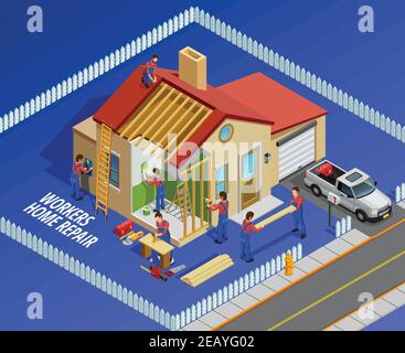 Réparation fonctionne modèle isométrique avec les travailleurs de la maison et différents services de maintenance restauration sur l'illustration vectorielle d'arrière-plan bleu Illustration de Vecteur