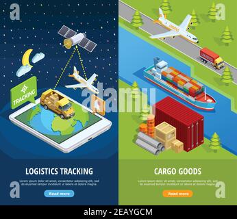 Livraison de bannières verticales isométriques avec moyens logistiques de suivi et différents types d'illustration de vecteur de transport Illustration de Vecteur