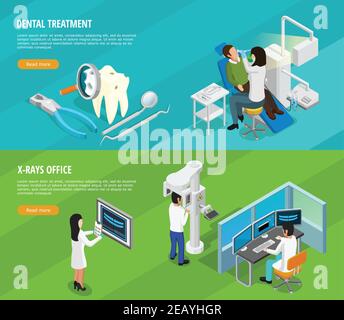 Bannières horizontales isométriques dentaires avec les instruments médicaux et médicaux des médecins patients illustration du vecteur de durcissement des dents Illustration de Vecteur