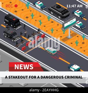 Swat armes spéciales et tactique unité confrontation avec des criminels dangereux tv news composition isométrique capture d'écran illustration vectorielle Illustration de Vecteur