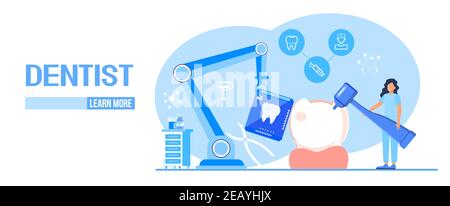 Concept de vecteur de services dentaires pour la page d'arrivée. Les dentistes font une radiographie des dents pour aider les maux de dents, blanchir l'émail ou l'implant de récupération. Profession Illustration de Vecteur
