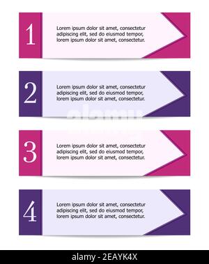 Concept commercial pour le plan d'action, l'infographie, les étiquettes autocollantes. Stratégie quatre étapes. Banderoles magenta et violet. Conception vectorielle pour la promotion. EPS10 Illustration de Vecteur
