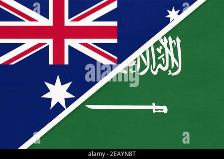 Australie et Arabie Saoudite, drapeaux nationaux du textile. Relation, partenariat et rapprochement entre deux pays. Banque D'Images