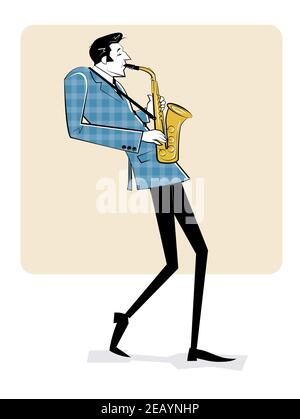 Concept pour affiche jazz. Homme jouant au saxophone. Illustration du style d'esquisse. Illustration de Vecteur