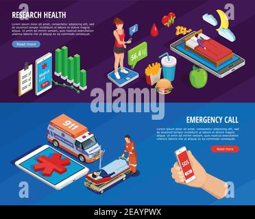 Bannières horizontales isométriques médicales numériques avec l'état de santé illustration vectorielle de la surveillance par les technologies modernes Illustration de Vecteur