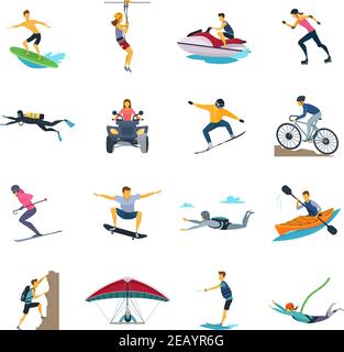 Collection d'icônes plates d'activités sportives extrêmes avec canoë-kayak en eau vive et des illustrations vectorielles isolées de motocross en forme de stile libre Illustration de Vecteur