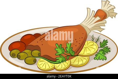 Cuisse de poulet avec garniture, tomates cerises, olives, citrons et persil sur un plat, isolée sur fond blanc. Vecteur Illustration de Vecteur